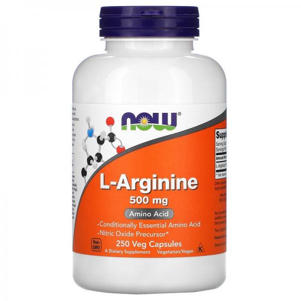 L-аргинин, L-arginine, Now Foods, 500 мг, 250 вегетарианских капсул - Фото 1