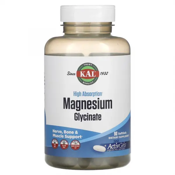 Глицинат магния с высокой абсорбцией, High Absorption Magnesium Glycinate, KAL, 90 мягких таблеток - Фото 1