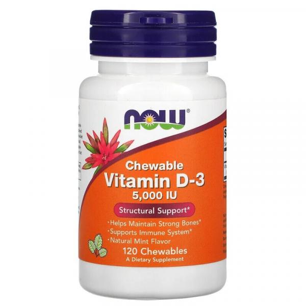Витамин Д3, мятный вкус, Vitamin D-3, Now Foods, 5000 МЕ, 120 жевательных таблеток - Фото 1
