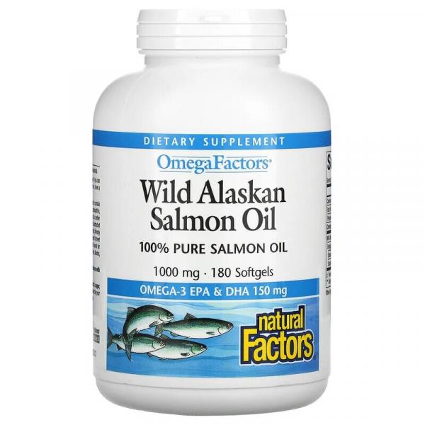 Жир дикого аляскинского лосося, Wild Alaskan Salmon Oil, Natural Factors, Omega Factors, 1000 мг, 180 мягких таблеток - Фото 1