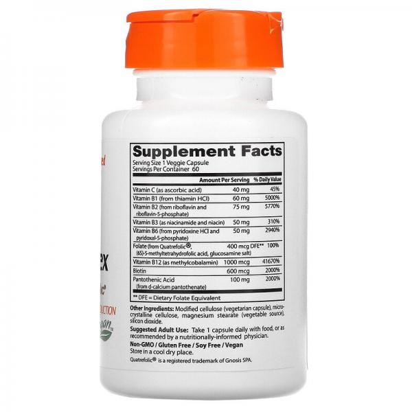 Комплекс активных витаминов группы B с Quatrefolic, B Complex, Doctor's Best, 60 капсул - Фото 2
