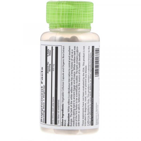 Белая ива, White Willow Bark, Solaray, 400 мг, 100 капсул - Фото 2