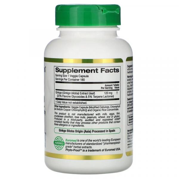 Гинкго Билоба, Ginkgo Biloba, California Gold Nutrition, EuroHerbs, 120 мг, 180 капсул - Фото 2