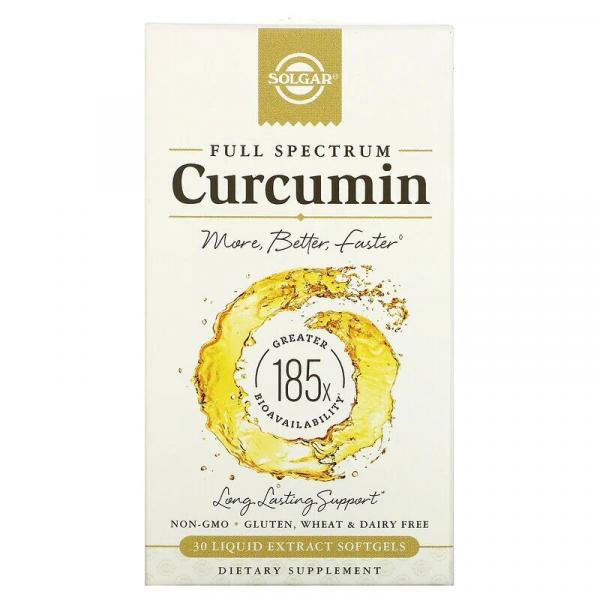 Куркумин, Full Spectrum Curcumin, Solgar, 30 желатиновых капсул с жидким экстрактом  - Фото 1