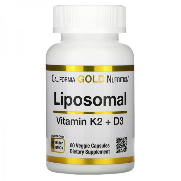 Липосомальные витамины К2 и Д3, Liposomal Vitamin K2 + D3, California Gold Nutrition, 60 вегетарианских капсул - Фото 1