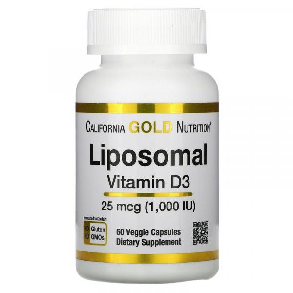 Липосомальный витамин D3, Liposomal Vitamin D3, California Gold Nutrition, 25 мкг (1000 МЕ), 60 растительных капсул - Фото 1