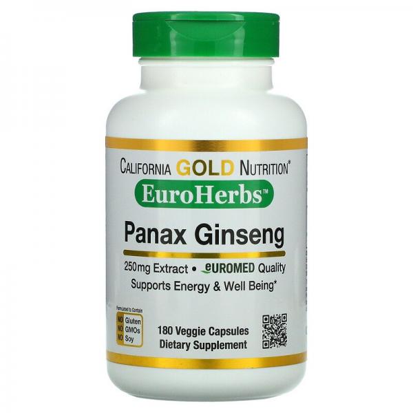 Экстракт женьшеня азиатского, Panax Ginseng Extract, California Gold Nutrition, EuroHerbs, 250 мг, 180 растительных капсул - Фото 1