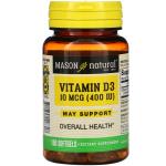 Витамин Д3, Vitamin D3, Mason Natural, 10 мкг (400 МЕ), 100 мягких таблеток - Фото миниатюра 1