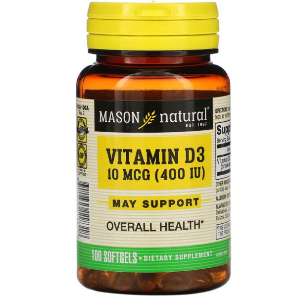 Витамин Д3, Vitamin D3, Mason Natural, 10 мкг (400 МЕ), 100 мягких таблеток - Фото 1
