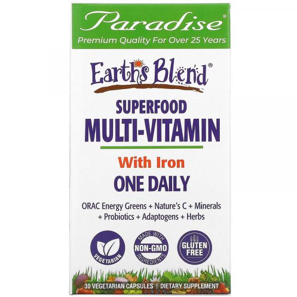 Мультивитамины с железом, One Daily Superfood Multi-Vitamin, With Iron, Paradise Herbs, Earth's Blend, 30 вегетарианских капсул - Фото 1