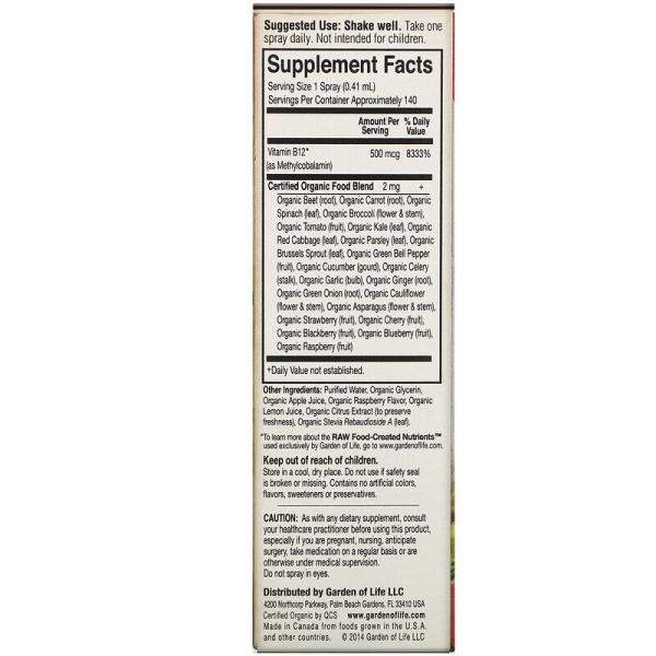 Органический спрей с витамином B12, со вкусом малины, B-12 Organic Spray, Raspberry, Garden of Life, MyKind Organics, 58 ml - Фото 2