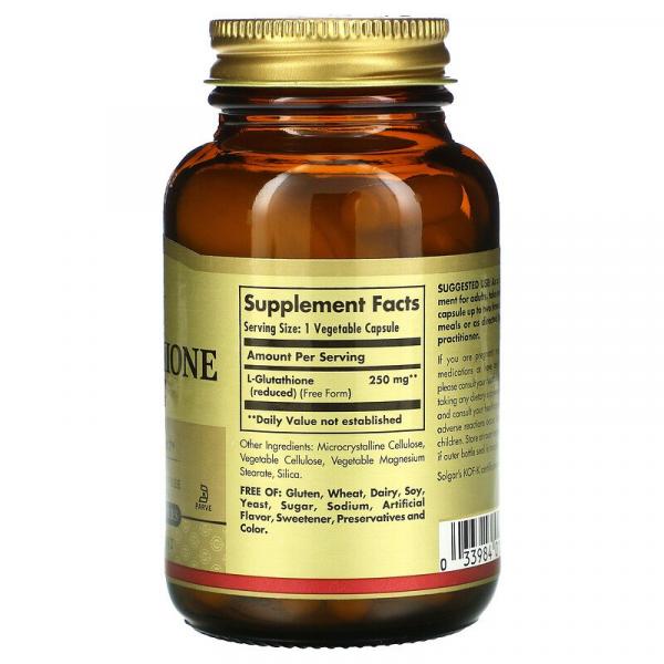 Восстановленный L-глутатион, Reduced L-Glutathione, Solgar, 250 мг, 60 растительных капсул - Фото 2