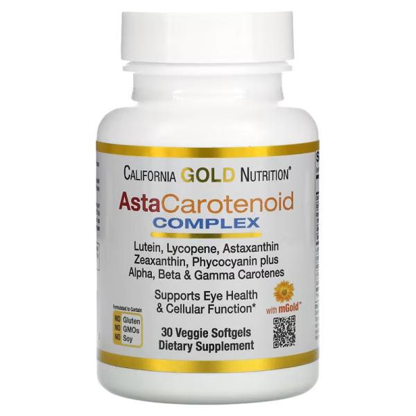 Комплекс с лютеином, ликопином и астаксантином, AstaCarotenoid Complex, California Gold Nutrition, 30 растительных мягких таблеток - Фото 1