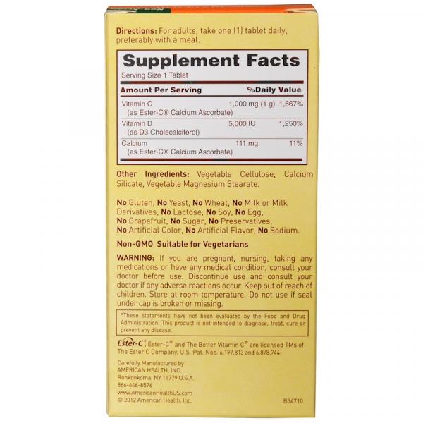 Витамин С + Д3, Ester-C with D3, American Health, для здоровья костей и иммунной системы, 1000 мг/5000 МЕ, 60 таблеток - Фото 2