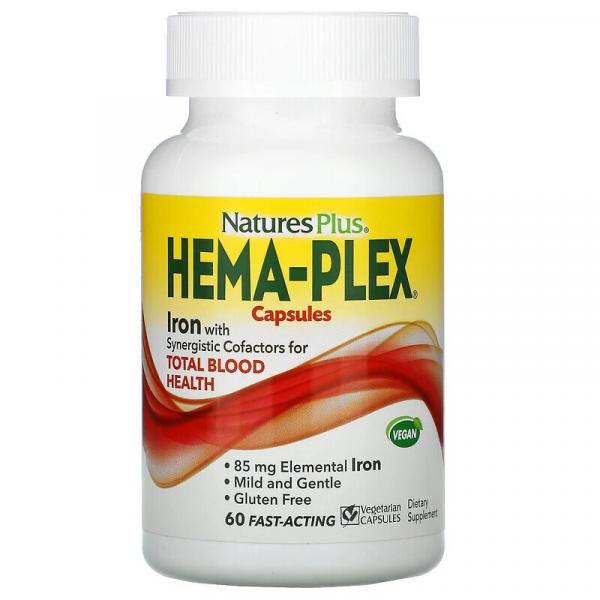 Комплекс для поддержки оптимального здоровья Крови, Hema-Plex (Хема Плекс), Natures Plus, 60 вегетарианских капсул быстрого действия - Фото 1