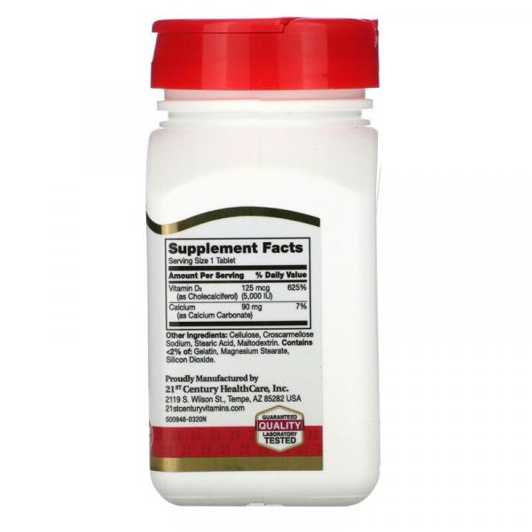 Витамин D3, Vitamin D3, 21st Century, 125 мкг (5000 МЕ), 110 таблеток - Фото 2