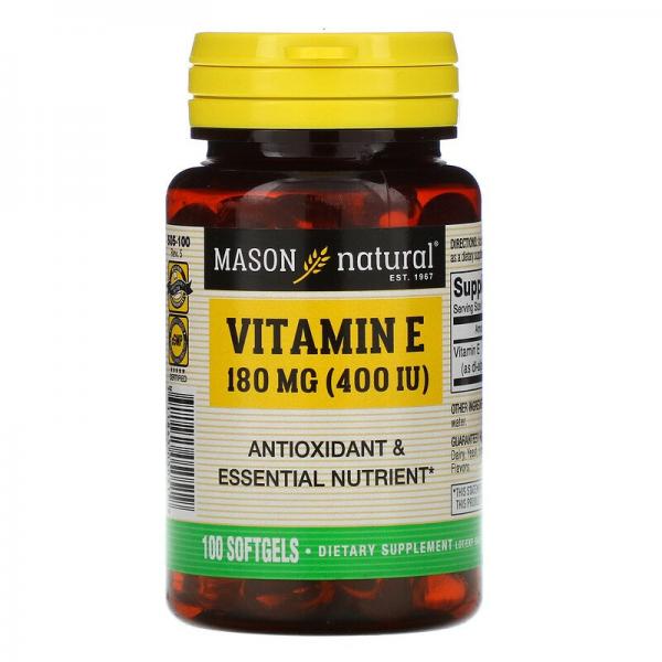 Витамин E, Vitamin E, Mason Natural, 180 мг (400 МЕ), 100 мягких таблеток  - Фото 1