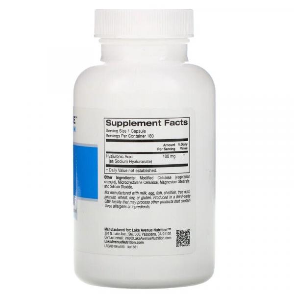 Гиалуроновая кислота, Hyaluronic Acid, Lake Avenue Nutrition, 100 мг, 180 растительных капсул - Фото 2