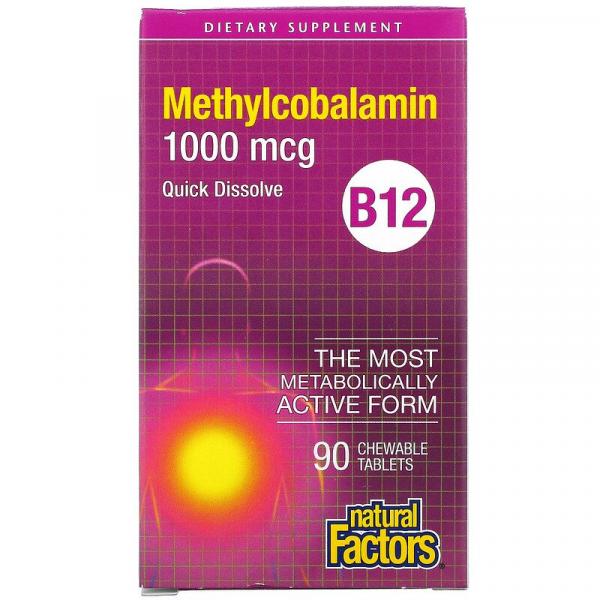 Витамин B12, метилкобаламин, Methylcobalamin B12, Natural Factors, 1000 мкг, 90 жевательных таблеток - Фото 1