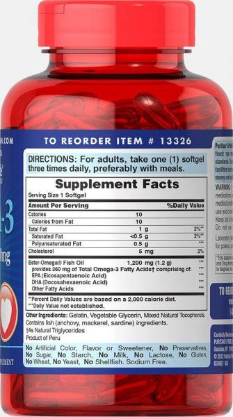 Омега-3 рыбий жир, Omega-3 Fish Oil, Puritan's Pride, 1200 мг, 360 мг активного, 100 капсул  - Фото 3