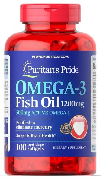 Омега-3 рыбий жир, Omega-3 Fish Oil, Puritan's Pride, 1200 мг, 360 мг активного, 100 капсул  - Фото 1