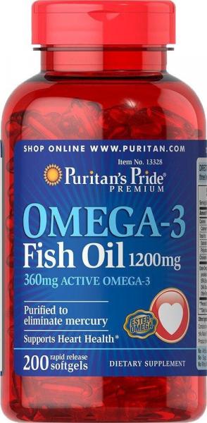 Омега-3 рыбий жир, Omega-3 Fish Oil, Puritan's Pride, 1200 мг, 360 мг активного, 200 капсул  - Фото 1