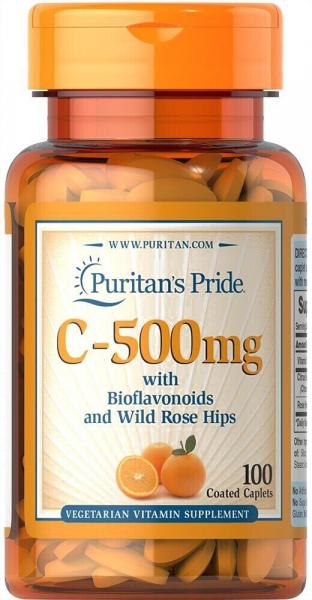 Витамин С с биофлавоноидами, Vitamin C, Puritan's Pride, шиповник, 500 мг, 100 капсул   - Фото 1