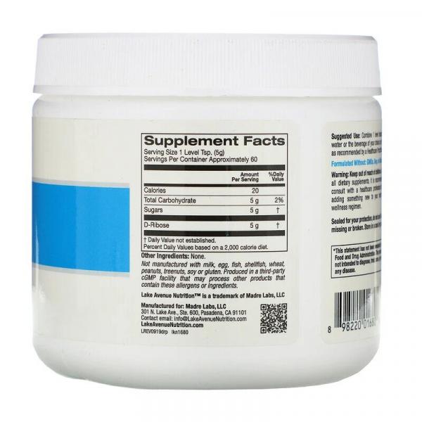 Порошок D-рибозы, без добавок, Lake Avenue Nutrition, 300 г (10,6 унции) - Фото 2