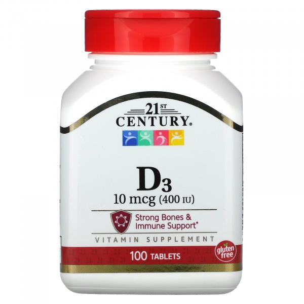 Витамин D3, Vitamin D3, 21st Century, 10 мкг (400 МЕ), 100 таблеток - Фото 1