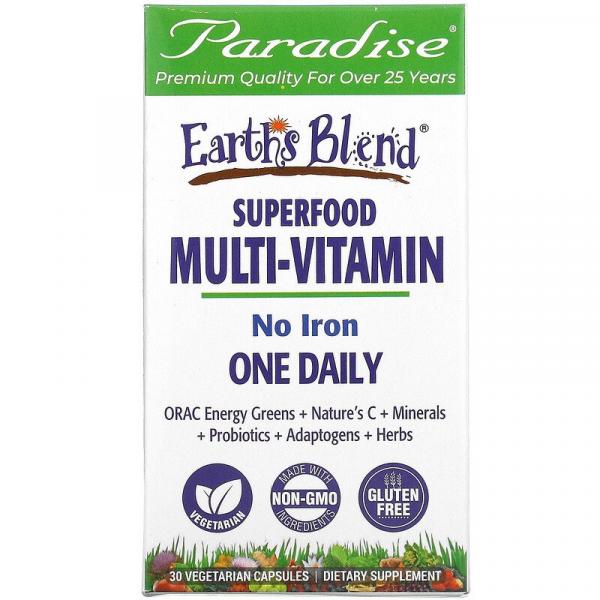 Мультивітаміни без заліза, One Daily Superfood Multi-Vitamin, No Iron, Paradise Herbs, Earth's Blend, 30 вегетаріанських капсул - Фото 1