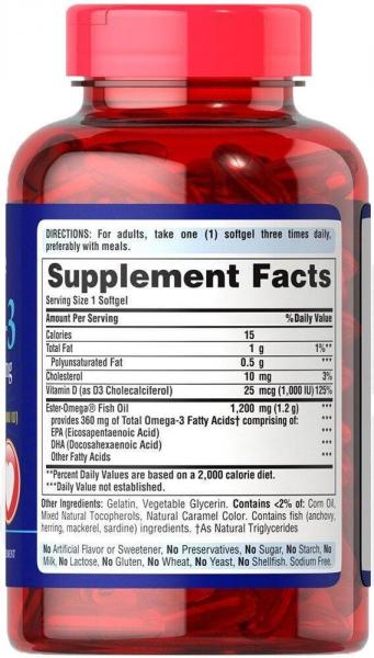 Омега-3 рыбий жир + витамин Д3, Omega-3 Fish Oil of Vitamin D3, Puritan's Pride, 1200/1000 МЕ, 90 капсул  - Фото 2