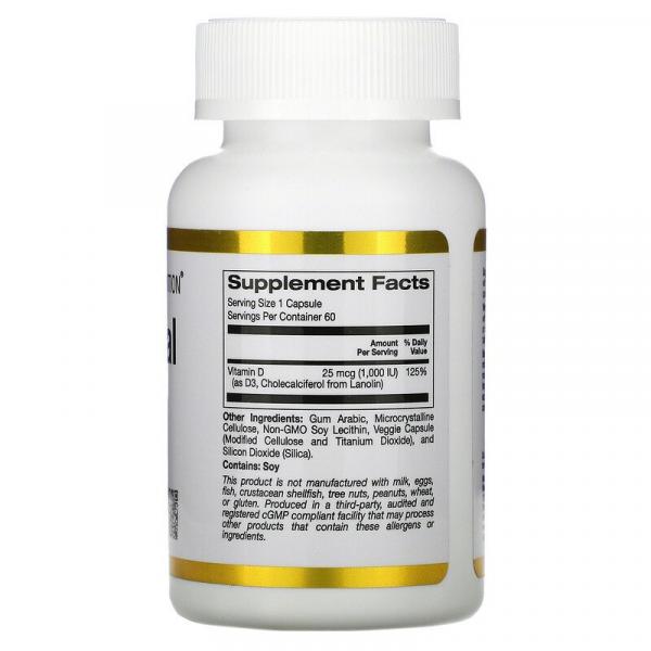 Липосомальный витамин D3, Liposomal Vitamin D3, California Gold Nutrition, 25 мкг (1000 МЕ), 60 растительных капсул - Фото 2