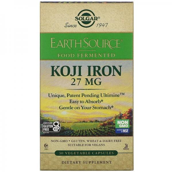 Железо коджи, Koji Iron, Solgar, EarthSource Food Fermented, 27 мг, 30 растительных капсул - Фото 1