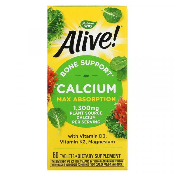 Кальций, максимальное усвоение, Calcium Max Absorption, Nature's Way, Alive!, 325 мг, 60 таблеток - Фото 1
