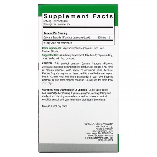 Каскара саграда, Cascara Sagrada, Nature's Answer, 850 мг, 90 вегетарианских капсул - Фото 2