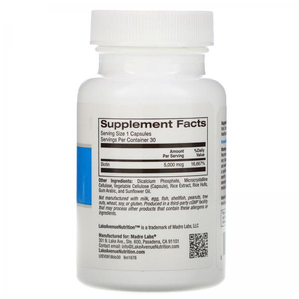 Биотин, Biotin, Lake Avenue Nutrition, 5000 мкг, 30 капсул  - Фото 2