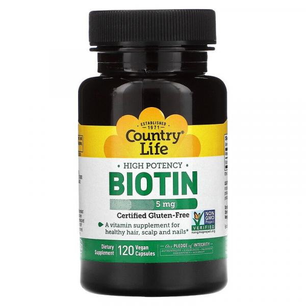 Высокоэффективный биотин, High Potency Biotin, Country Life, 5 мг, 120 вегетарианских капсул - Фото 1