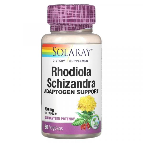 Родиола и лимонник, Rhodiola Schizandra, Solaray, 500 мг, 60 вегетарианских капсул - Фото 1