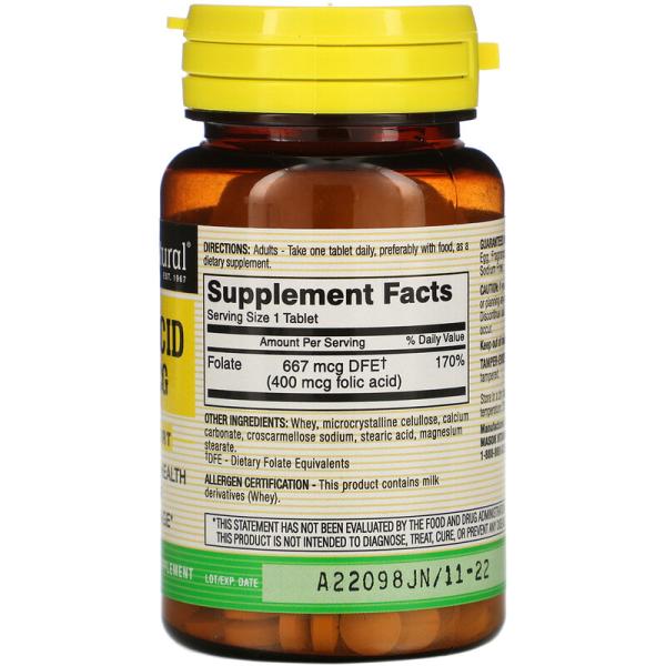 Фолиевая кислота, Folic Acid, Mason Natural, 400 мкг, 100 таблеток - Фото 2