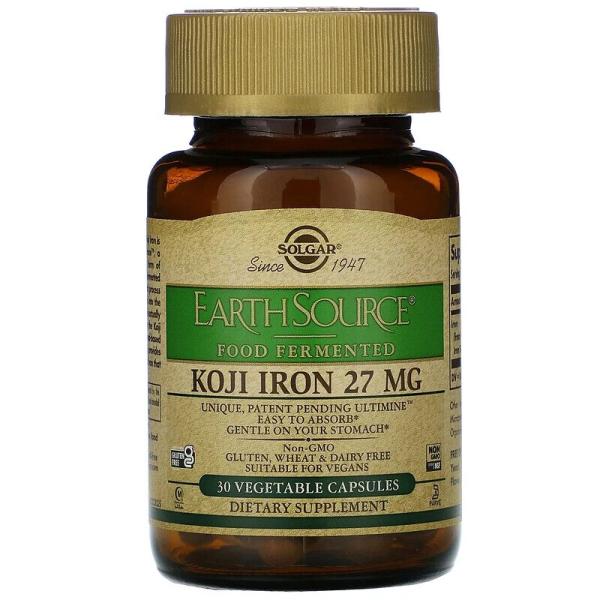 Железо коджи, Koji Iron, Solgar, EarthSource Food Fermented, 27 мг, 30 растительных капсул - Фото 3