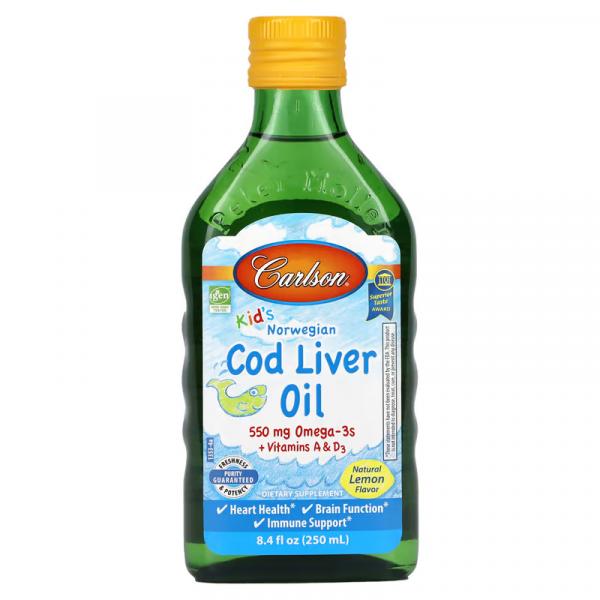 Жир печени норвежской трески, для детей, натуральный лимонный вкус, Kid's Norwegian Cod Liver Oil Natural Lemon, Carlson Labs, 250 мл - Фото 1