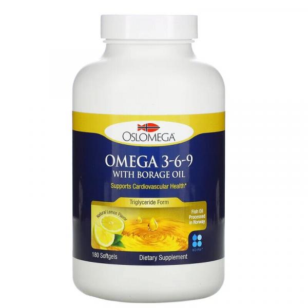 Омега 3-6-9 с маслом бурачника, лимонный вкус, Oslomega, 180 рыбно-желатиновых капсул  - Фото 1