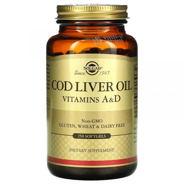Витамины А и D3 из печени трески, Vitamins A and D3 cod liver oil, Solgar, 250 капсул - Фото 1