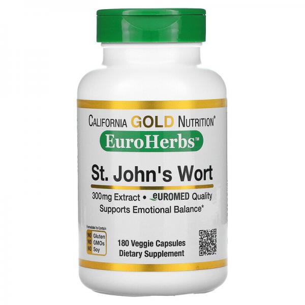 Экстракт зверобоя, St. John's Wort, California Gold Nutrition, EuroHerbs, 300 мг, 180 растительных капсул - Фото 1