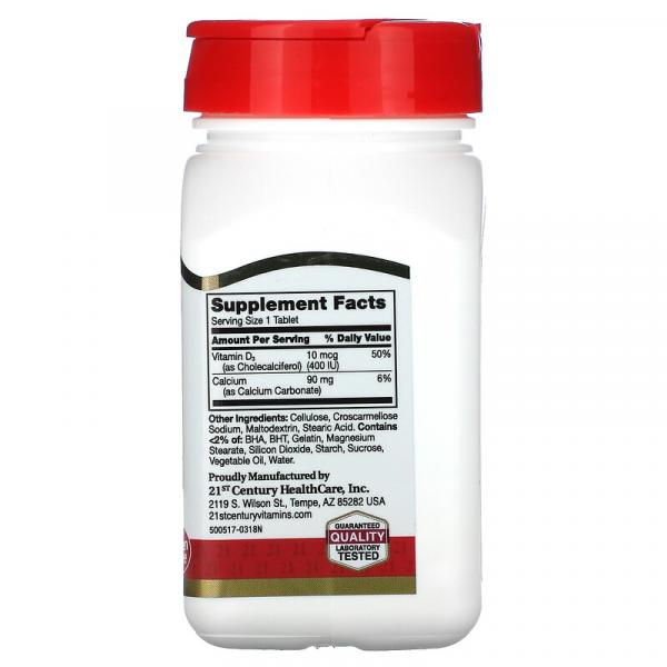 Витамин D3, Vitamin D3, 21st Century, 10 мкг (400 МЕ), 100 таблеток - Фото 2