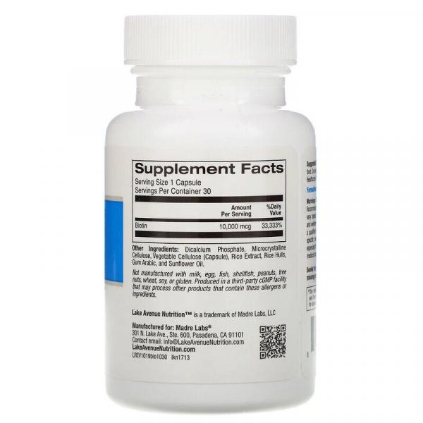 Биотин, Biotin, Lake Avenue Nutrition, 10000 мкг, 30 капсул  - Фото 2
