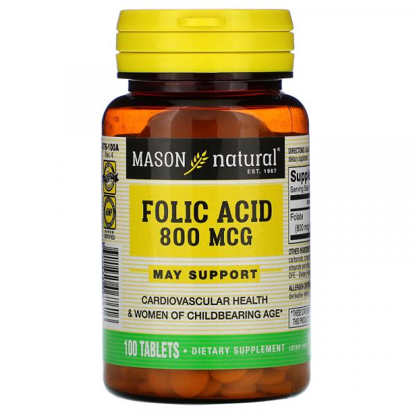 Фолиевая кислота, Folic Acid, Mason Natural, 800 мкг, 100 таблеток - Фото 1