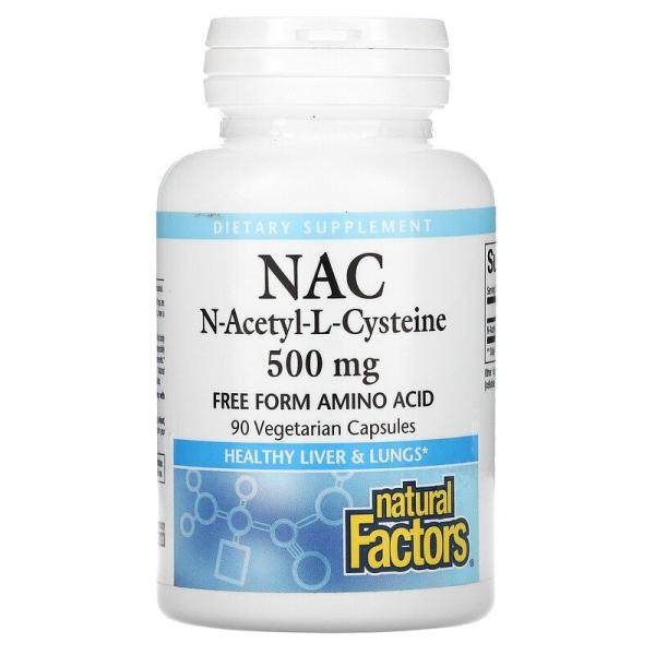 N-ацетил-L цистеин, NAC N-Acetyl-L-Cysteine, Natural Factors, 500 мг, 90 вегетарианских капсул - Фото 1