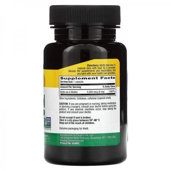 Высокоэффективный биотин, High Potency Biotin, Country Life, 5 мг, 120 вегетарианских капсул - Фото 2