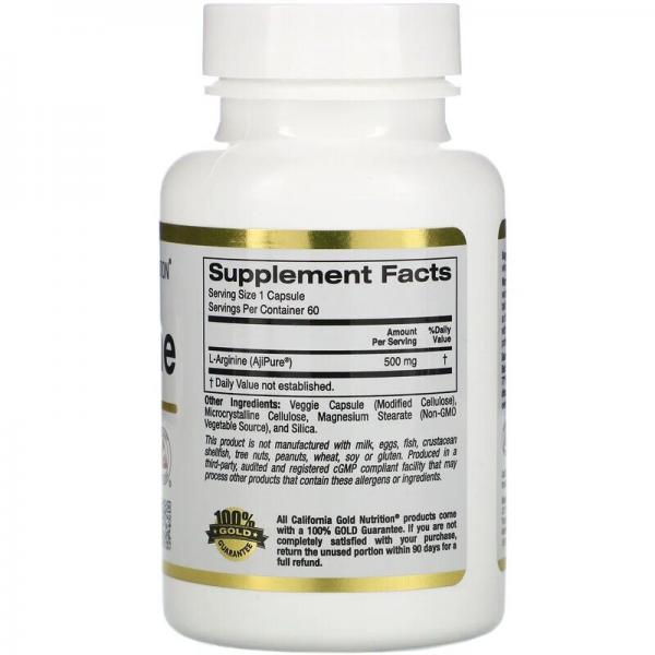 Аргинин, L-Arginine, AjiPure, California Gold Nutrition, 500 мг, 60 растительных капсул - Фото 2
